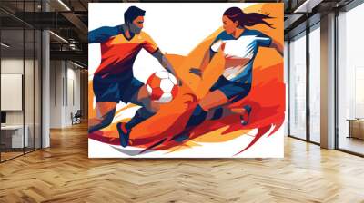 Soccer players in action with ball on fire background vector illustration. Wall mural