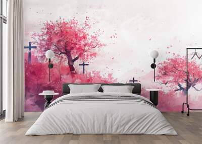 Three crosses on hill with cherry blossom trees faith christianity religion religious easter spring nature background landscape pink red beautiful hope love Jesus christ god spiritual heaven Wall mural