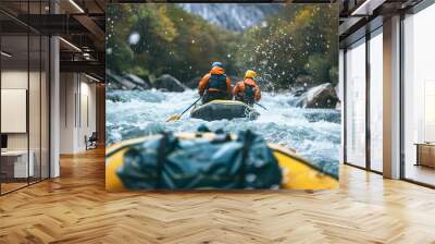 Two People Kayaking on Wild River Adventure Travel Vacation Concept POV from Raft in Water with Copy Space on Blurred Foreground Wall mural