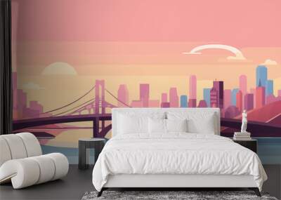 Vector illustration of a bridge over the river in the city. Flat style design. Wall mural