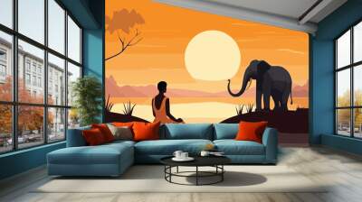 Vector illustration of a woman meditating in front of an elephant. Wall mural