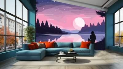 Vector illustration of a woman sitting by the lake in the forest at night Wall mural