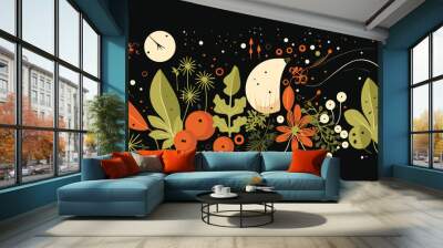 Vector illustration of autumn leaves, berries and flowers in flat style. Wall mural