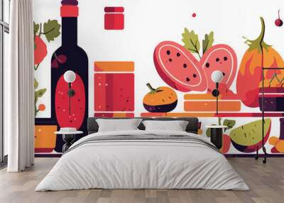 Vector illustration of fruits and vegetables on the shelf in the store. Wall mural