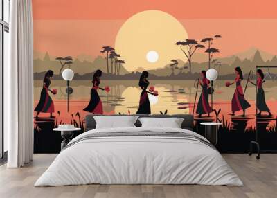 Vector illustration of Indian people on the lake at sunset. Beautiful background. Wall mural