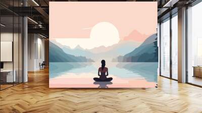 Vector illustration of woman meditating in lotus pose on the lake at sunset Wall mural