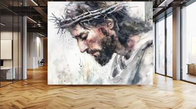 Watercolor painting Jesus Christ crown thorns faith christianity religion spiritual portrait god religious Wall mural