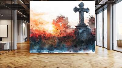 Watercolor painting of a stone cross silhouette at sunset in a field memorial death burial grief cemetery religion christianity faith love remembrance peace spiritual afterlife heaven loss mourning Wall mural