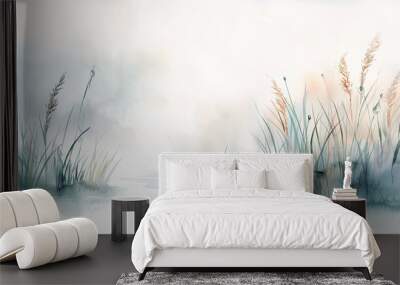 Watercolor painting of grass and reeds by the water landscape scenery nature tranquil serene peaceful misty hazy atmospheric soft delicate muted tones gentle colors ethereal dreamy calming meditative Wall mural