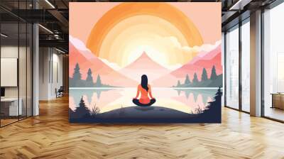 Woman meditating in yoga lotus pose on mountain lake background vector illustration Wall mural