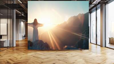 Woman praising on mountain top at sunrise faith Christianity God Jesus Christ Christian religion hope belief worship spirituality religious praying heaven holy spiritual peace nature inspirational Wall mural