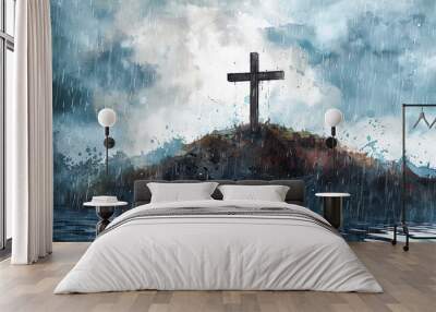 Wooden cross on hill rain water faith religion religious christian christianity god jesus christ hope storm spiritual symbol belief Wall mural