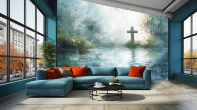 Wooden cross religion faith god jesus christ christianity spiritual hope swamp landscape water reflection nature green dark light painting art illustration background beautiful abstract concept design Wall mural