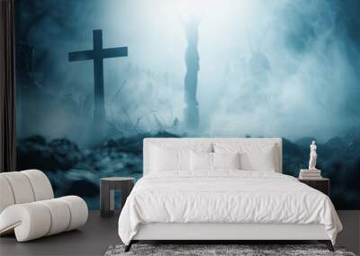 Wooden cross silhouette in night cemetery background zombie apocalypse horror concept halloween religious gothic darkness death scary creepy graveyard christianity religion spooky fear moonlight Wall mural