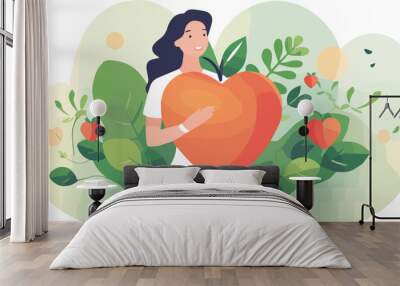 Young woman holding a heart shaped apple. Vector illustration in cartoon style. Wall mural