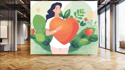 Young woman holding a heart shaped apple. Vector illustration in cartoon style. Wall mural