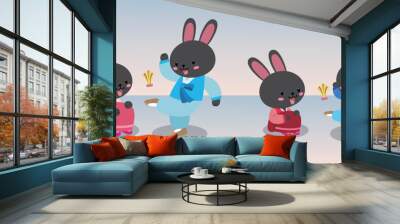 Jegichagi is a traditional Korean game. A black rabbit wearing a hanbok kicks a jegi. Wall mural