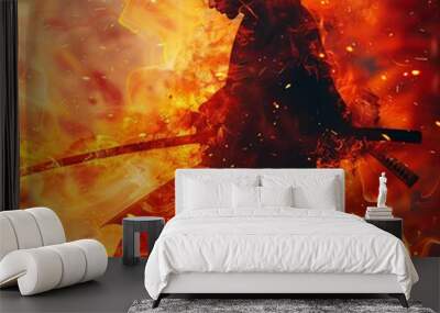 A fierce samurai warrior engulfed in vibrant flames, ready for battle with a determined stance and traditional katana. Wall mural