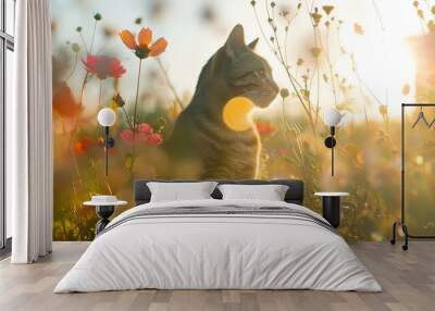 A serene scene of a cat sitting in a field of wildflowers, softly illuminated by the golden sunlight of a beautiful day. Wall mural