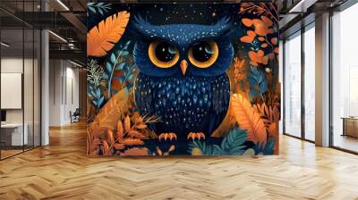 A whimsical illustration of a blue owl with large eyes surrounded by vibrant, colorful foliage at night. Wall mural