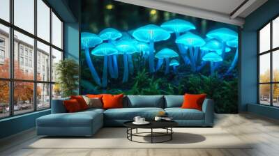 Mystical glowing mushrooms in a dark forest, creating an enchanting, otherworldly ambiance with their bioluminescent blue light. Wall mural