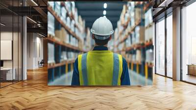 Warehouse worker in hard hat and vest assessing inventory in a large storage facility filled with boxes on shelves. Wall mural