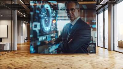 A man in a suit stands in front of a computer monitor displaying a complex graph Wall mural