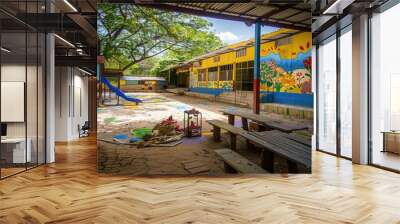 A school yard with a mural on the side of the building Wall mural