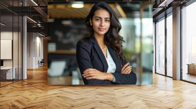 Amazing successful positive indian or arabian business woman, secretary, ceo manager dressed in a stylish suit standing in a modern creative office, looking and smiling at camera  Wall mural