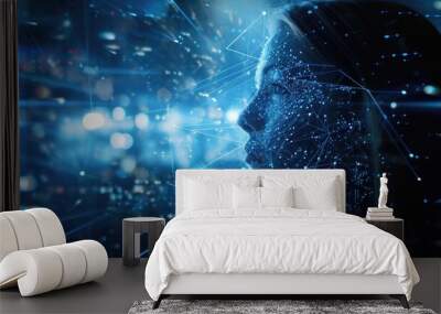 Artificial Intelligence. AI Profile Human Head Silhouette With Illuminated Digital Brain Over Blue Background. Future Of Humanity, AI Innovative Technologies Concept. Panorama, Collage Wall mural