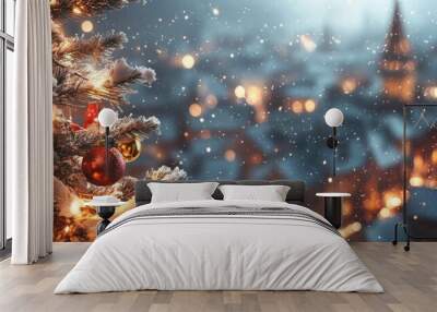 Banner of Beautiful blurred background of snowy Christmas landscape, city decorated with garlands Wall mural