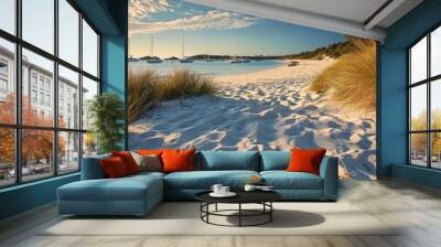 Closeup of sand on beach and blue summer sky. Panoramic beach landscape. Empty tropical beach and seascape. Orange and golden sunset sky, soft sand, calmness, tranquil relaxing sunlight, summer mood Wall mural