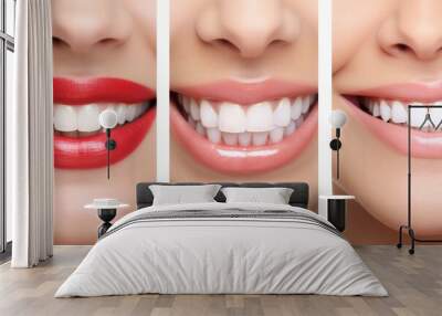 Collage of closeups of smile with white healthy teeth. Dental clinic  Wall mural