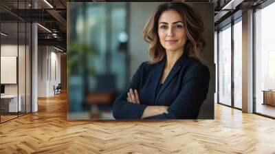 Confident middle aged business woman, confident lady manager, mature female professional executive, corporate leader wearing suit standing in office arms crossed looking at camera. Vertical portrait. Wall mural