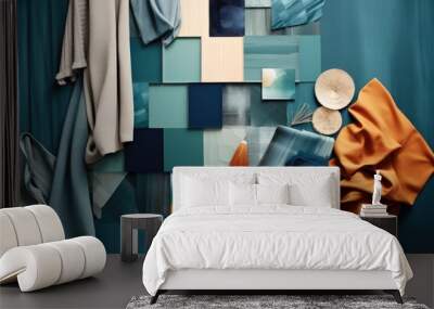 Creative flat lay composition with textile and paint samples, panels and cement tiles. Stylish interior designer moodboard. Blue, beige and brown color palette. Copy space. Template Wall mural