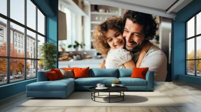 Cute couple of parent and child. Father's day. Happy family daughter hugs his dad On the kitchen. Home leisure  Wall mural