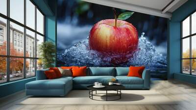 Fresh an apple in streaming splash water on black background Wall mural