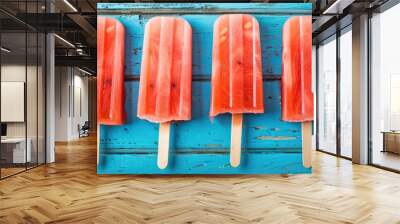 Fresh summer ice cream . Watermelon slice popsicles on a blue rustic wood background. Wall mural