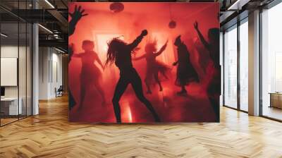 Happy Halloween horror party concept. Scary view of dancing zombies at cemetery with Dj and club lights. Creative artwork decoration. Useful as a party poster or greeting card. Selective focus. High Wall mural