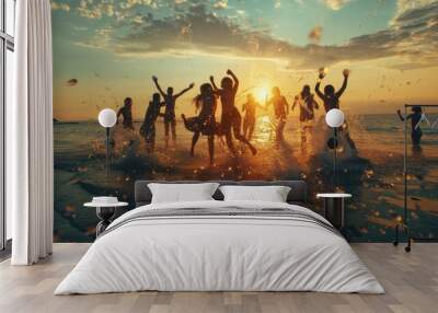 Healthy retreat group of happy young people dancing and spraying at the beach on beautiful summer sunset Wall mural