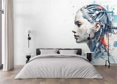 Photo featuring a female robot with artificial intelligence and cutting-edge technology. Technology AI humanoid looking aside to copy space .  Robot smart  Wall mural