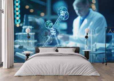 Science laboratory research and development concept. Double exposure of science lab test tube and molecular structure. Wall mural