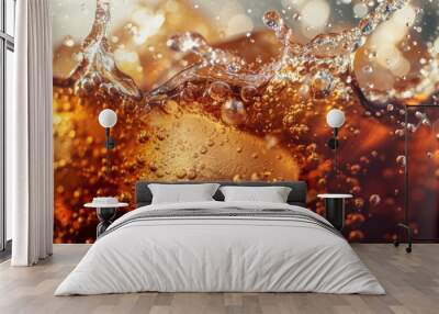 Soda with Ice. Close up of the ice cubes in cola water. Texture of carbonate drink with bubbles in glass. Cola soda and ice splashing fizzing or floating up to top of surface. Cold drink background. Wall mural