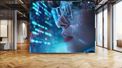 Software, data hologram and woman with code analytics, information technology and gdpr overlay. Programmer coding or IT person in glasses reading html script, programming and cyber security research Wall mural