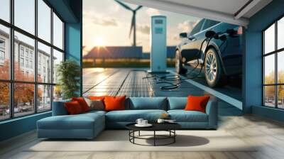 Using of charge station, solar panel and windmill background. Sustainability assessment, renewable energy concept. Electric vehicle using sustainable source, wind generator. Saving, climate change.  Wall mural