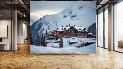 Winter house in mountain snow panoramic landscape at Christmas. Beautiful wood hotel for ski resort  Wall mural