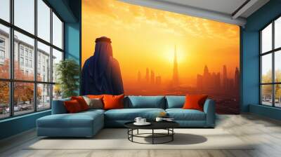 Young arabic man looking to the sunrise, sunset Dubai  Wall mural