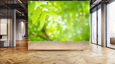 Empty wooden table on green nature background with beauty bokeh under sunlight. Wall mural