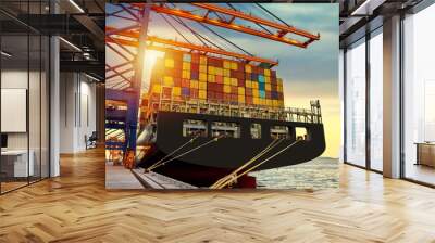 A large general cargo vessel at shipping yard and loading terminal with industrial crane. Import, Export, Global Business and Logistics concept. Wall mural