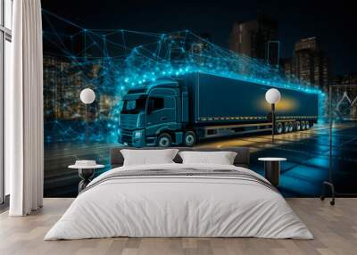 Evening shot of a truck with its GPS tracking system illuminated, showcasing a detailed map. Wall mural